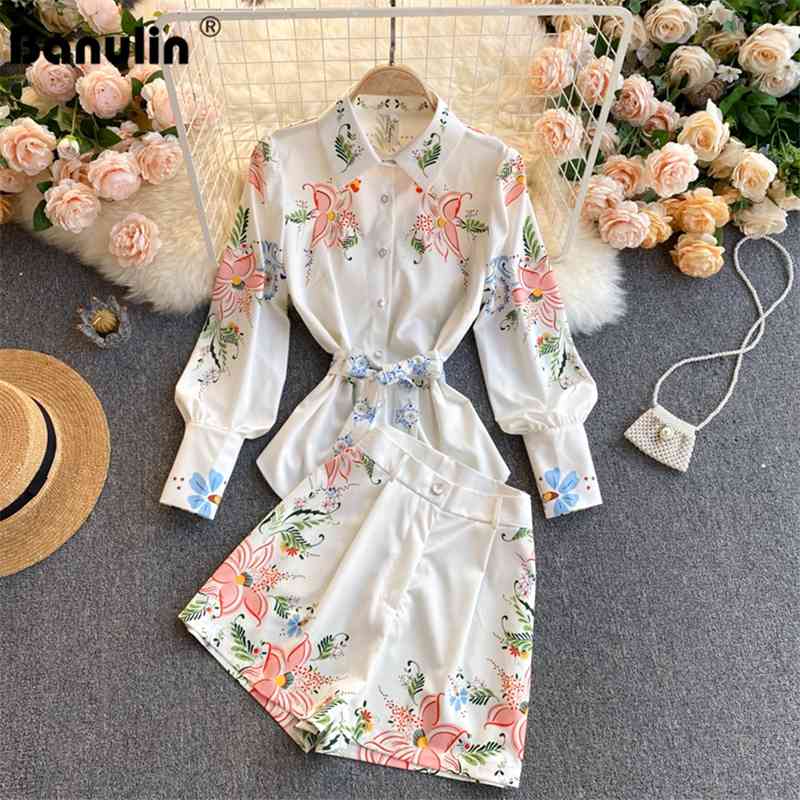 

Summer Runway Designer Shorts Set Women's Long Sleeve Flower Print Shirt Tops + Blet A Female Two Piece 210603, White color picture