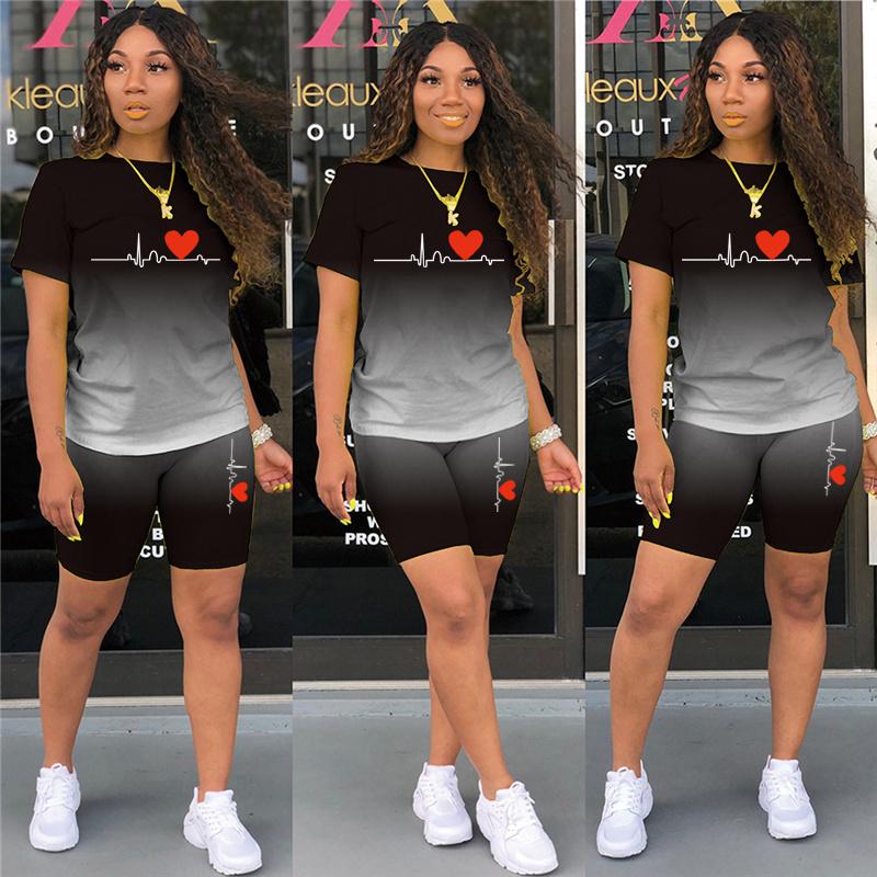 

Two Pieces Sets Women Gradient Print Pullover Short Sleeve T Shirt Shorts Suit Outfit 2021 Summer Casual Clothing Plus Size 5xl Women' Trac, Black