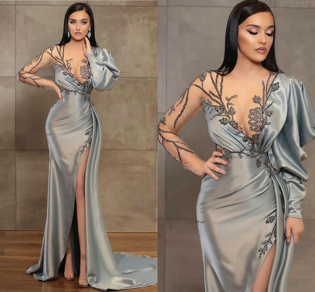 

Arabic Aso Ebi Evening Dresses 2021 Illusion Long Sleeves Lace Applique Beaded Prom Gowns Sexy Side Slit Satin Ruched Special Occasion Dress Formal Wear AL8924, Light yellow
