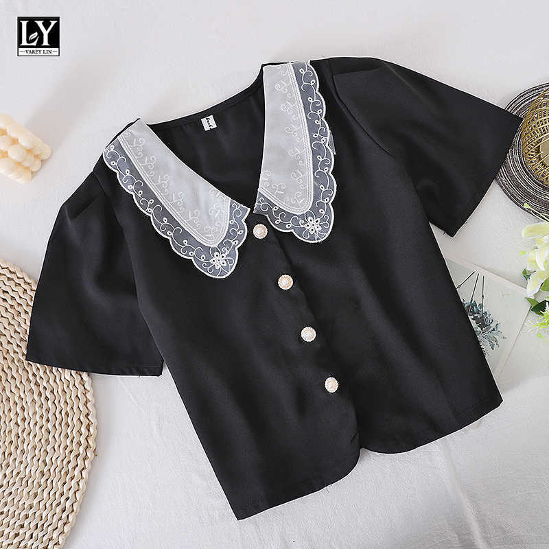

LY VAREY LIN Summer Women Casual Short Sleeve Solid Color Shirts Sweet Doll Collar Lace Single Breasted Tops 210526, Black