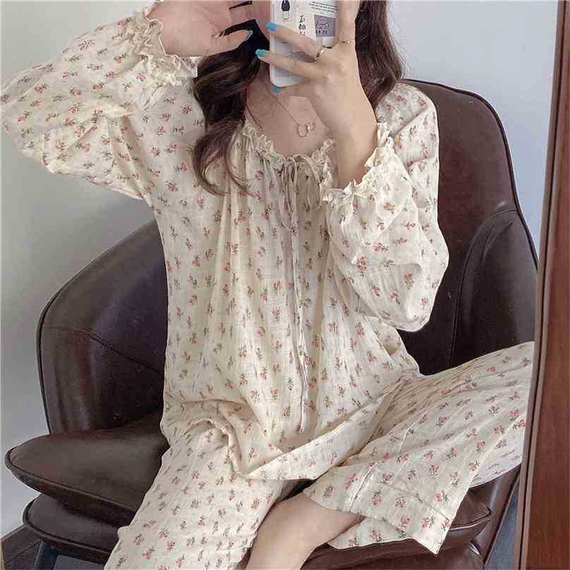

Two Pieces Suit Vintage Floral Printing Nightwear Sweet Soft Casual Homewear Loose Fashion Pajamas Set 210525, Beige