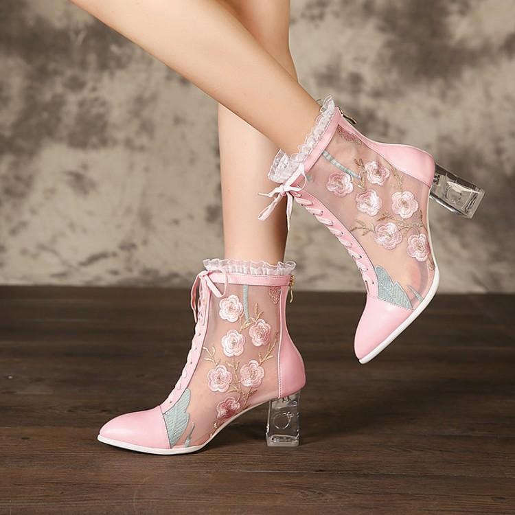 

Boots Fashion Cool Genuine Leather Womens Ankle Mesh Shoes Sexy High Heels Summer Women Wedding Party, Pink
