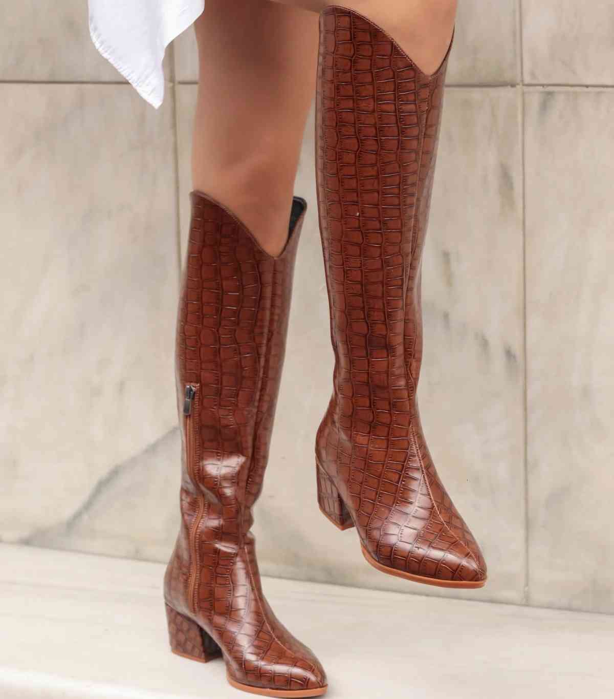

boots Brand Nola Black, Tan, White color Crocodile Pattern Quality Knee High Women 's Boots