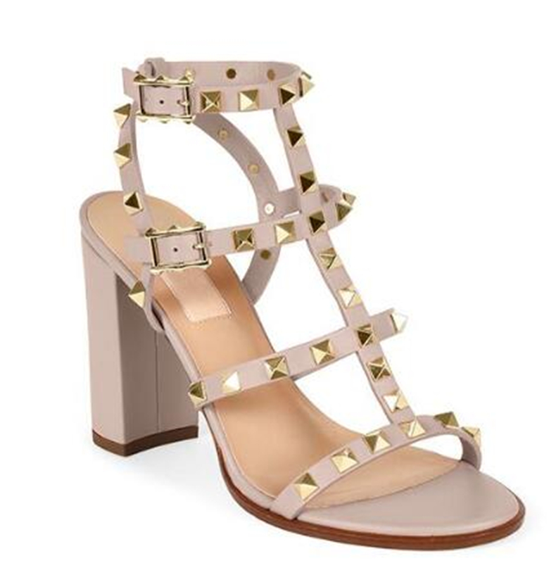 

women leather stud sandals T-strap sandal summer High Heels rivets shoes Ladies Sexy party shoes 6.5cm 9.5cm 15color with box