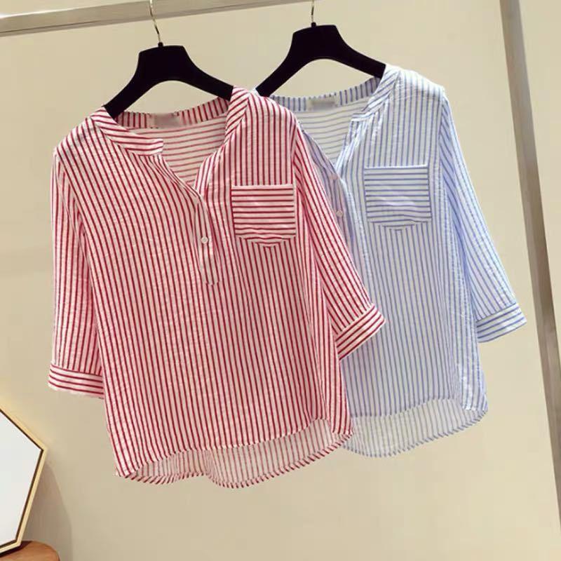 

Women' Blouses & Shirts Blouse Women Summer Loose-Fitting V-neck Top Three-Quarter Sleeve Vertical Striped Chiffon Shirt For Blusas Mujer D, 109red