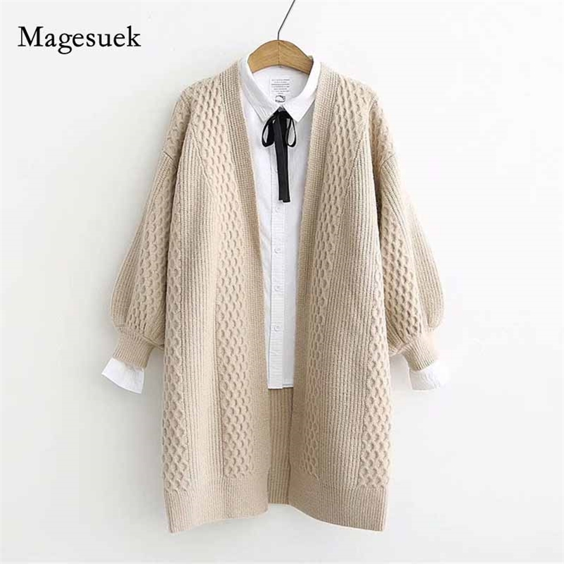 

V-neck Lantern Sleeve Open Stitch Loose Sweater Autumn Cardigans Women Jacket Clothes Female Knit Coat 10879 210518, Orange