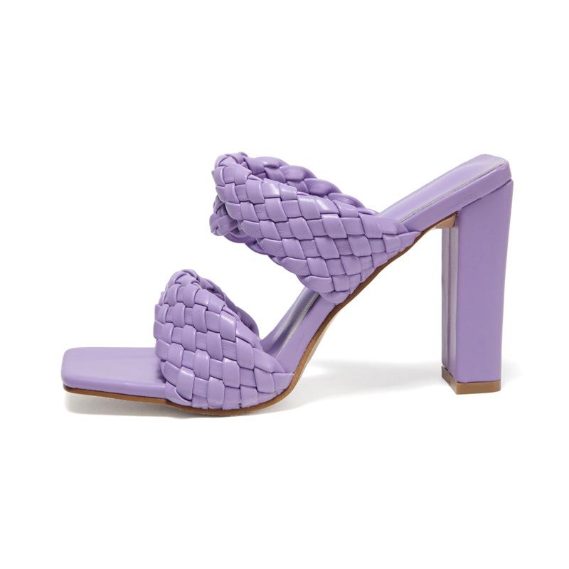 

Doris Fanny Fashion Woman Handmade Weave Knitted Gladiator Sandals PU Leather Square Toe Slides Femme High Heel Girl Slippers, Chocolate