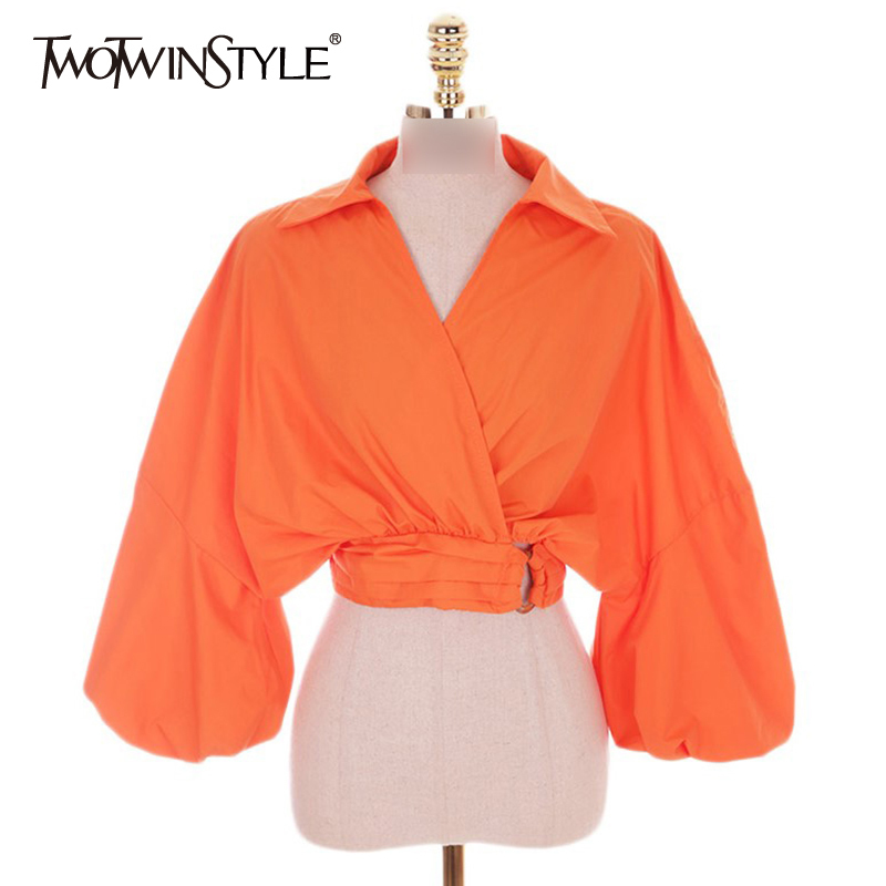 

Hollow Out Casual Shirts For Women V Neck Puff Half Sleeve Pullover Blouses Female Summer Clothing Fashion 210524, Orange