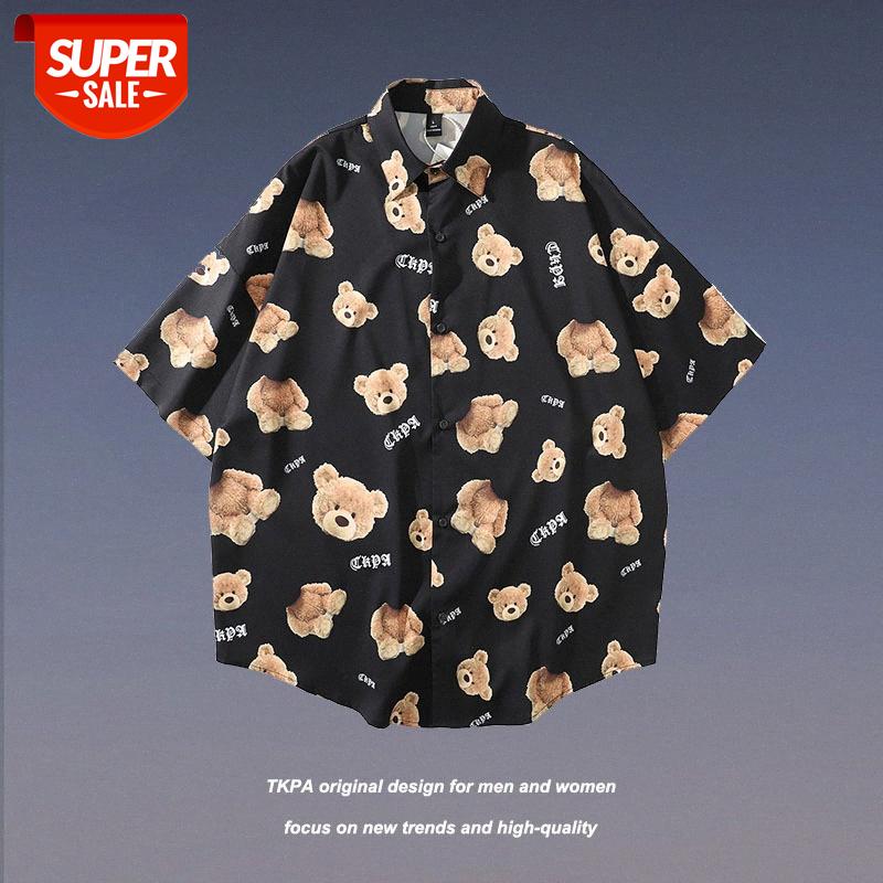 

TKPA Broken Bear Flow Loose Student Shirt Retro Couple Wear Male Short Sleeve #Rt2q, White;black