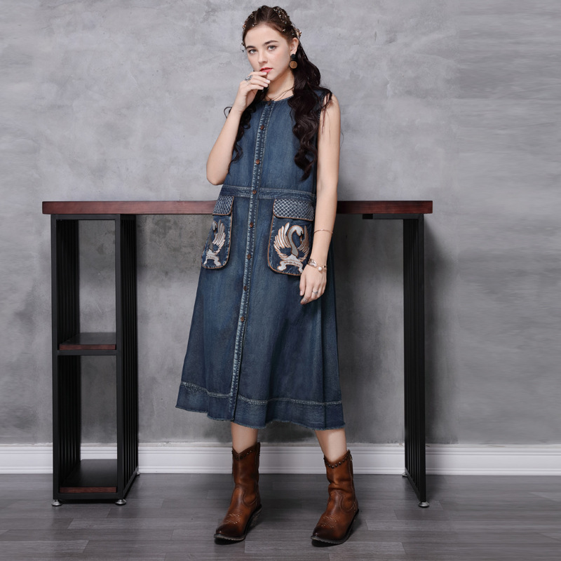 

Johnature Spring Summer Retro Patchwork Pockets Embroidery Denim Dresses Leisure O-neck Women Single Breasted Dress 210521, Blue