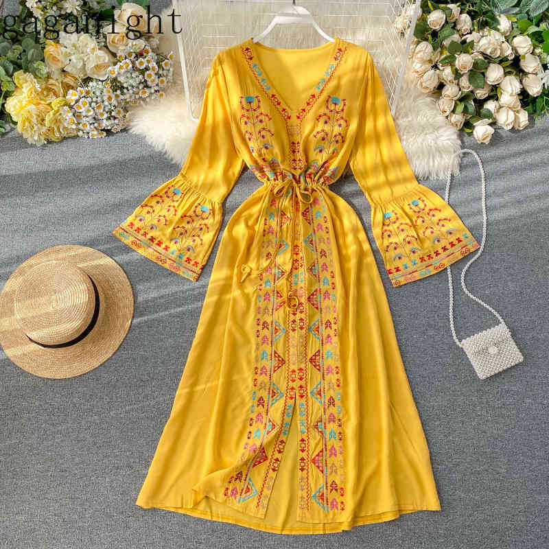 

Gaganight Vinage Indie Folk Women Maxi Dress Long Sleeve V Neck Holiday Party Dresses Female Chic Fashion Drawstring Vestidos 210519, Yellow
