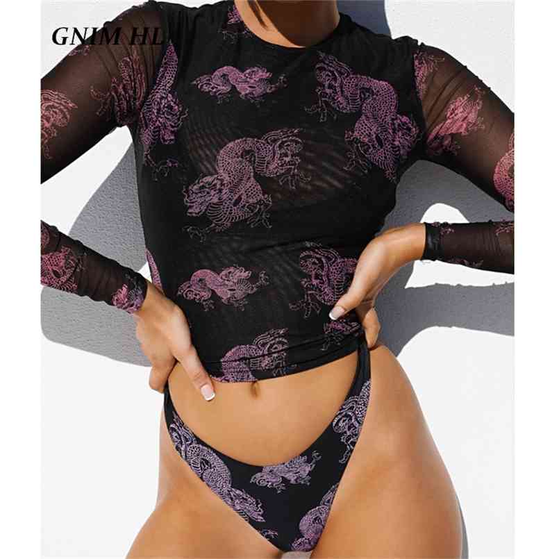 

GNIM Sexy 3 Pieces Bikini Swimwear Women Transparent Mesh Cover Up Swimsuit Female Print Swimming Suit For Biquini 210722, Purple