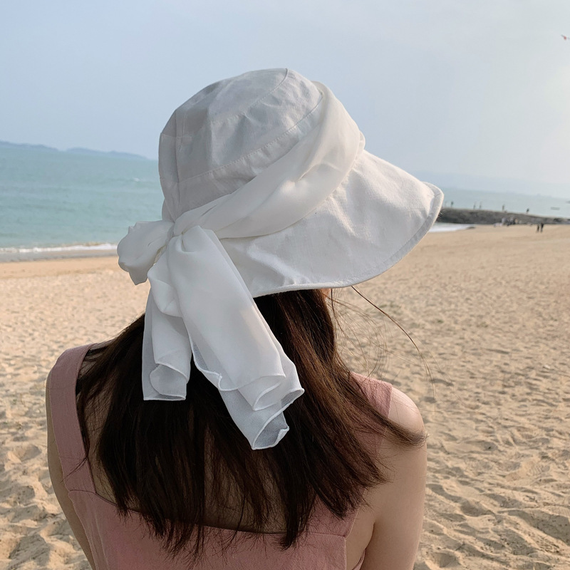 

South Korean version of new gentle fairy ribbon bow fisherman's hat summer sunscreen hat UV protection, Black