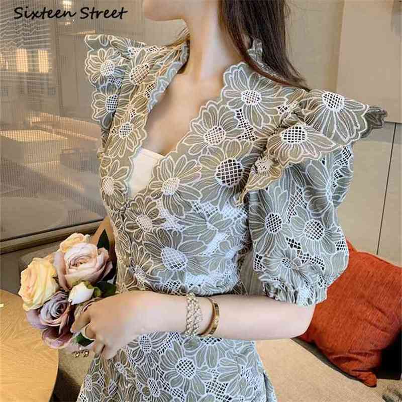 

Vintage Daisy Embroidery Dress Woman V-neck Summer Runway Design Mini Bodycon Puff Sleeve Lace Luxury Party 210603, Maroon