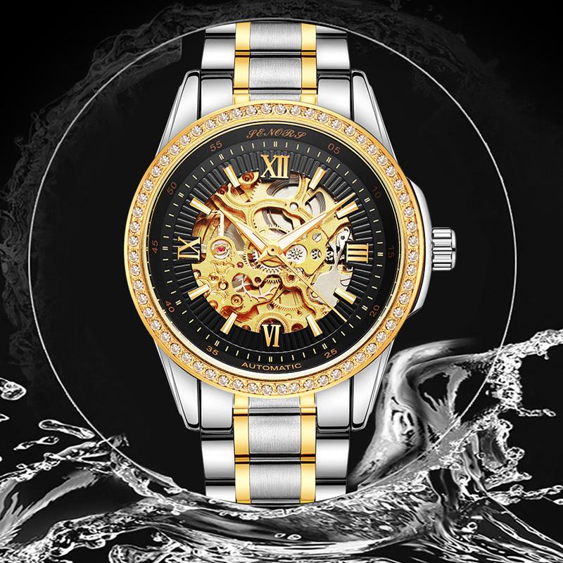 

Wristwatches Automatic Watch Men Diamond Hollow Big Dial Stainless Business Watches Mens Luxury Mechanical Wristwatch Relogio Masculino, Gold
