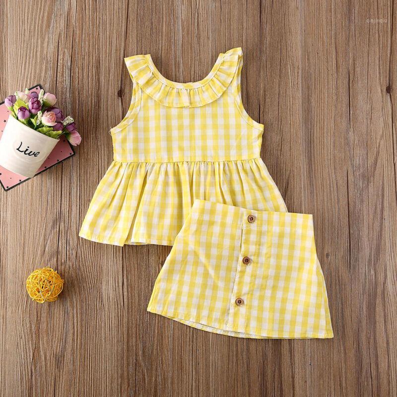 

Baby & Children's 0-3Years Toddler Girls Kid Summer Clothes Plaid Sleeveless Tops + Skirt Sets Clothing, White