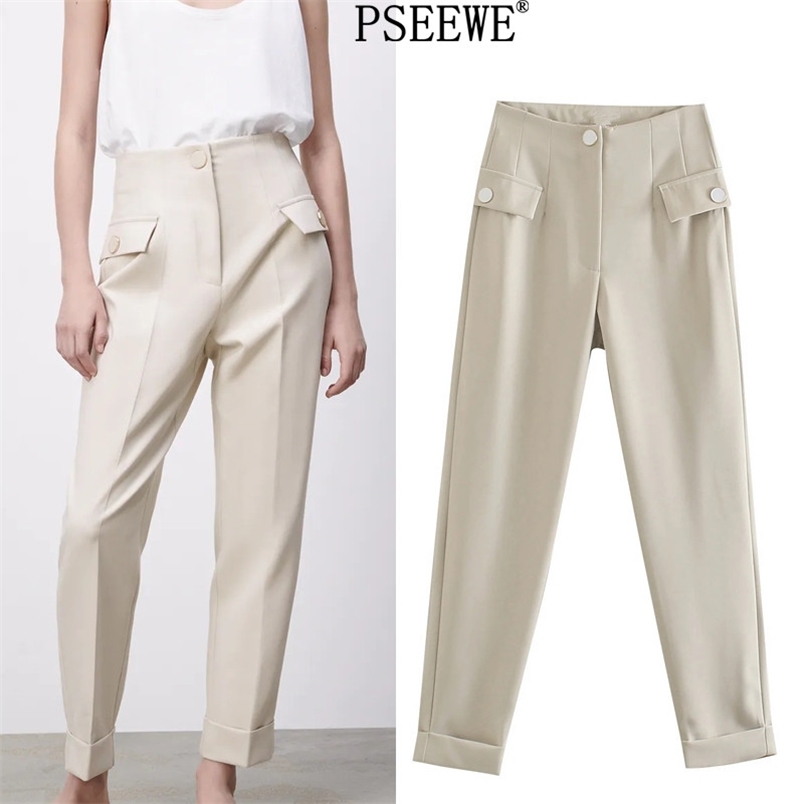 

Women Pants High Waist Buttoned Trousers For Female Fashion Pockets Zip Fly Loose Beige Office Suit 210519