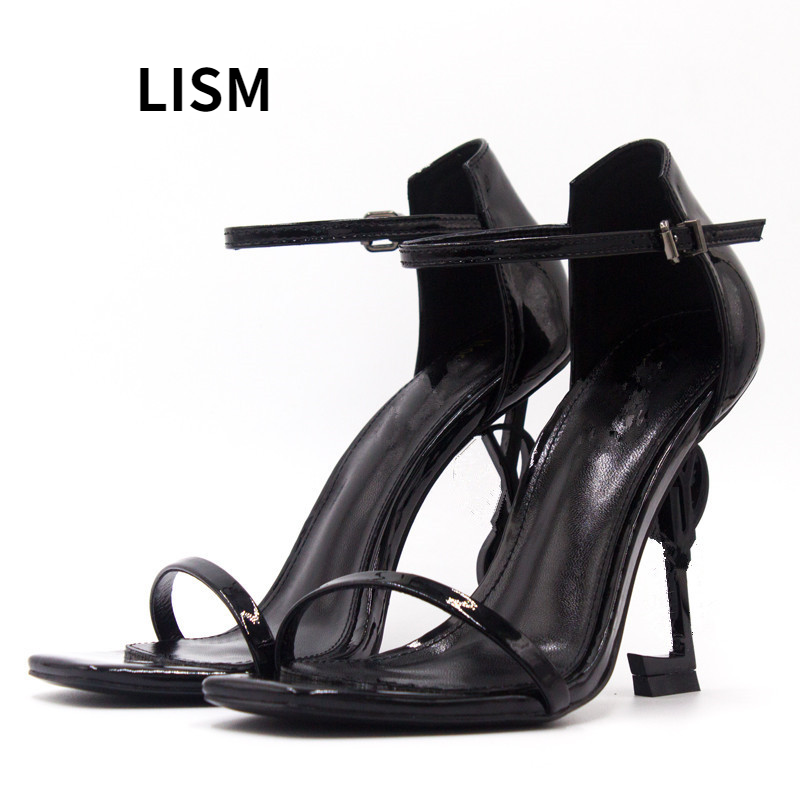 

2021 Luxury Shoes Women Genuine Leather Ankle Strap Narrow Band Designer Sandals Ladies Party High Heels Stilettos Zapatos, Patent red black8