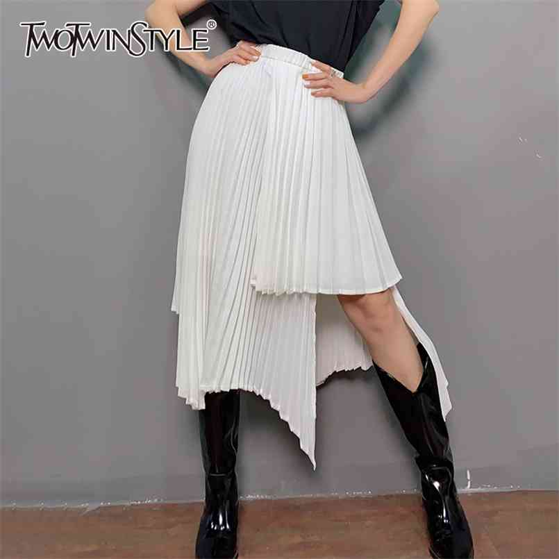 

White Asymmetrical Pleated Skirt For Women High Waist Casual Minimalist Midi Skirts Female Summer Fashion 210521, Black