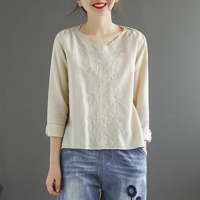 

Johnature Autumn Retro Embroidery Cotton Linen V-neck Long Sleeve Shirts Loose Leisure Fashion All-match Women Tops 210521, Pink
