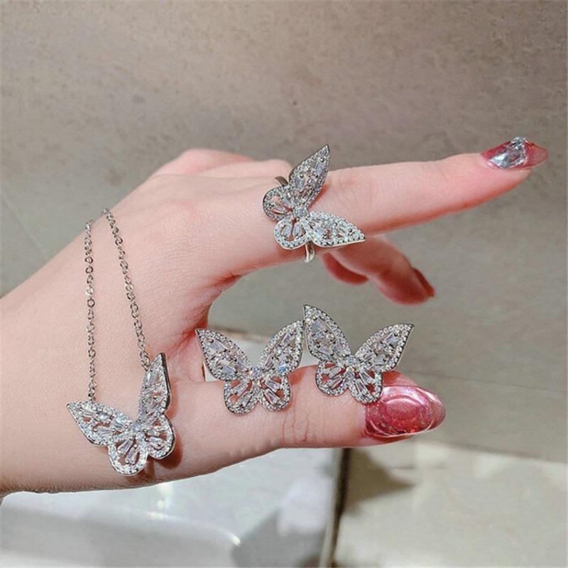 

Earrings & Necklace AMC Trendy Cubic Zircon Butterfly Earring Set And Bracelet Bridal Wedding Party Jewelry Gift For Women, Silver