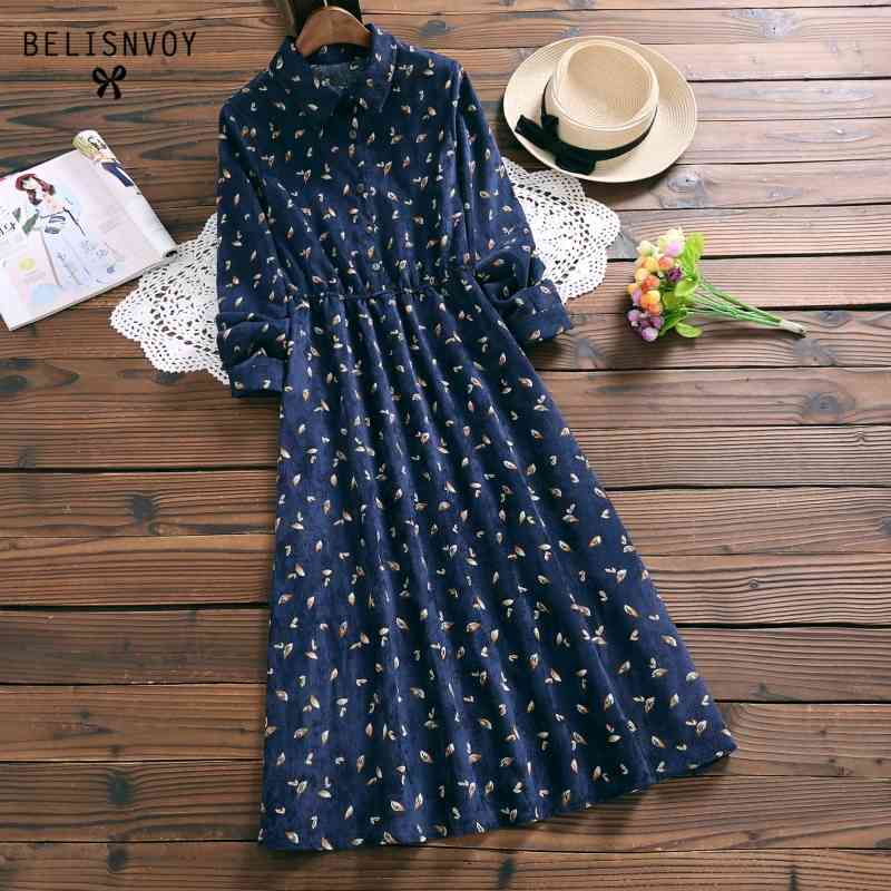 

Female Autumn Winter Dress Robe Femme Women Long Sleeve Floral Printed Corduroy Dresses Navy Blue Vintage Vestidos 210520