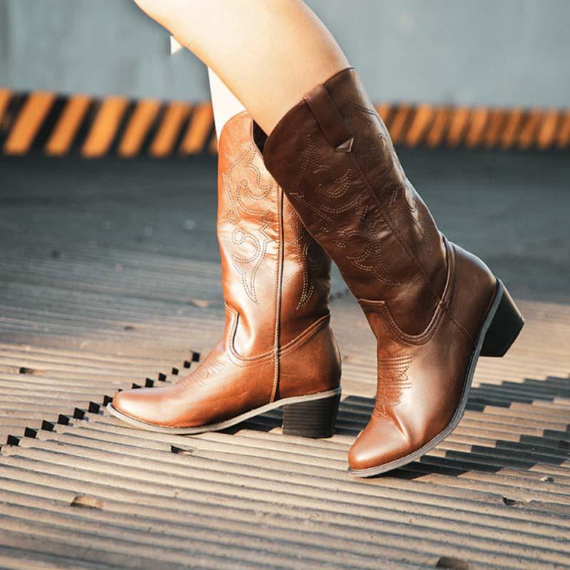 

Boots Parkside Wind 2021 American Women Med Square Heels Stretch Shoes Mid-boots Winter Female Pointed Toe PU Leather, Brown