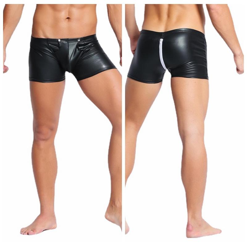 

Underpants Sexy Back Zipper Gay Underwear Men Boxer Shorts Leather Wet Look Open Crotch Pouch Male Panties Cueca, Black