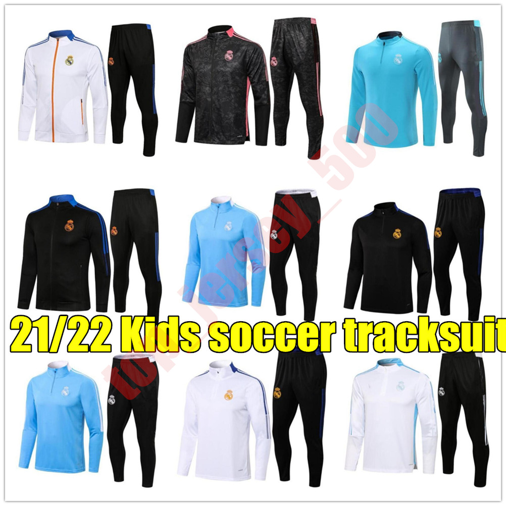 

2021 2022 Real Madrid soccer Long sleeve Training suit Jacket Tracksuits 21/22 camiseta de futbol HAZARD BENZEMA MODRIC kids kit Jogging football Tracksuit Sets, As shown in illustration