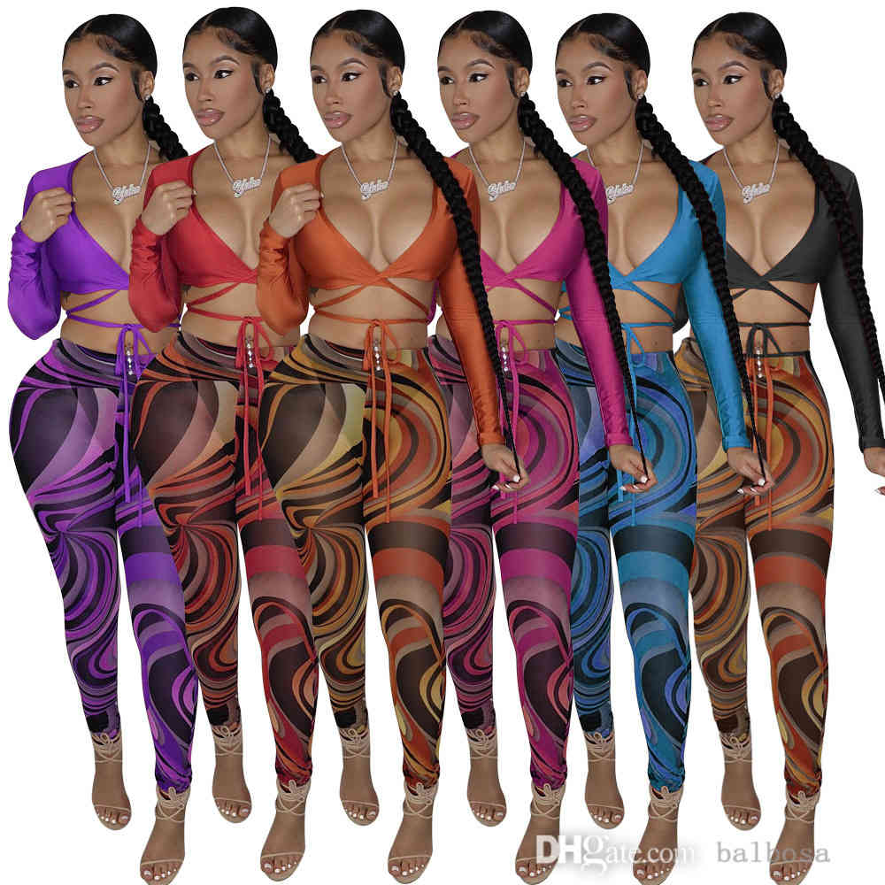 

Sexy Women Tracksuits Two Pieces Outfits Designer Slim Nightclub Pattern Printed V Neck Bandage Long Sleeve Leggings Ladies Sportwear, Purple