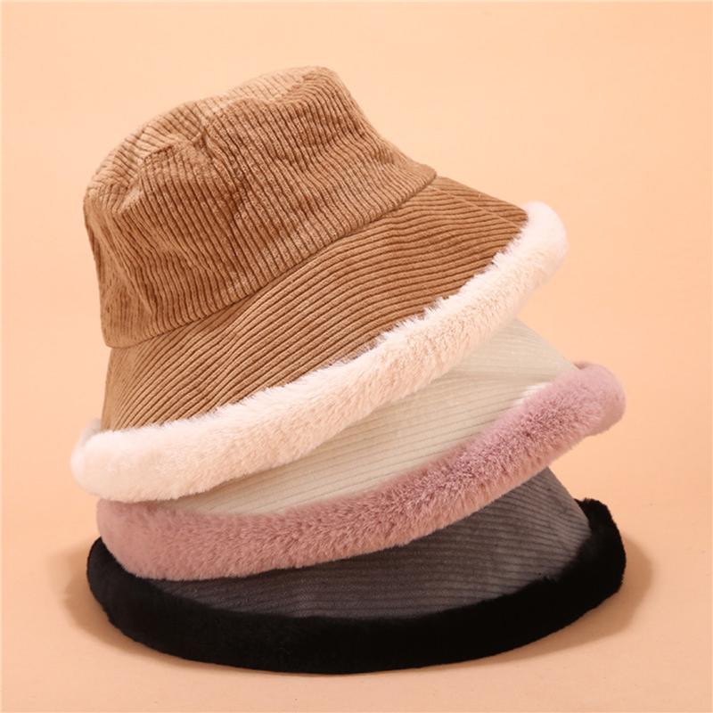 

Wide Brim Hats Autumn Winter Bucket Women Corduroy Panama Hat Thick Warm Plush Fisherman Cap For Girl Crimping Basin, Leather pink