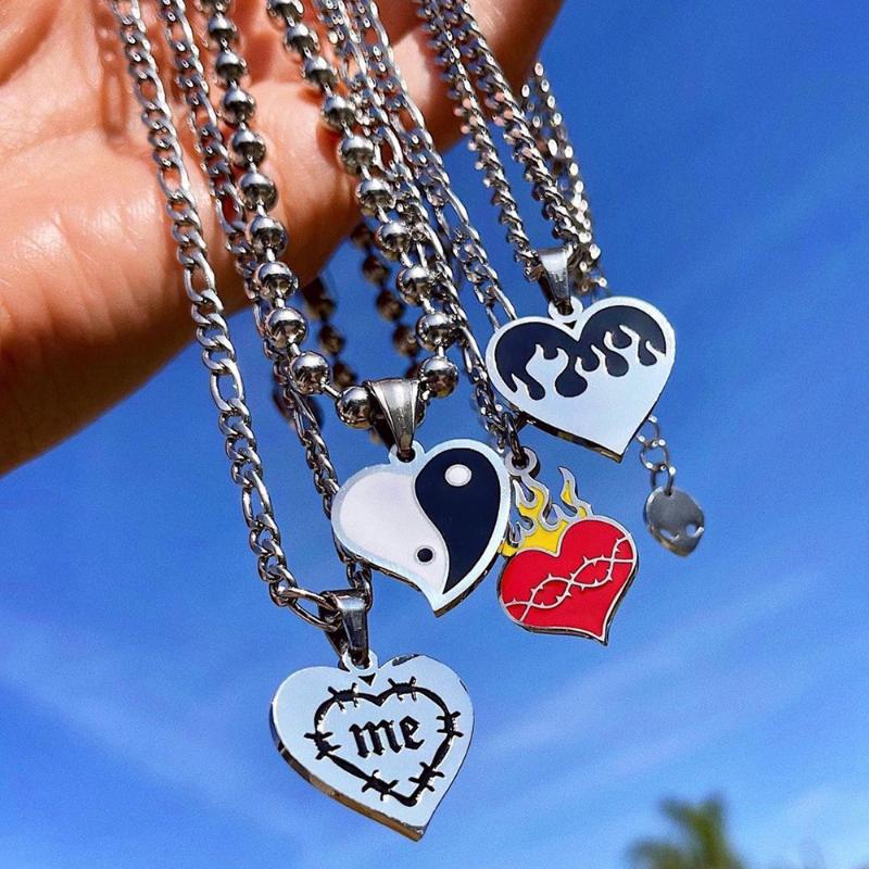 

Pendant Necklaces Hiphop Love Heart Necklace Harajuku Vintage Gossip Flame For Women Men Fashion Jewelry High Quality, Silver