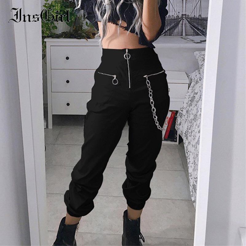 

Women' Pants & Capris InsGirl Gothic Punk Street Zipper High Waist Loose Cargo With Chian Harajuku Grunge Dark Black Casual Trousers Femme