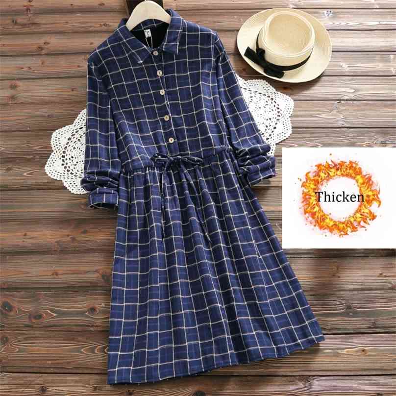 

Mori Girl Autumn Winter Dress Turn Down Collar Women Long Sleeve Drawstring Waist Plaid Vintage Dresses 7 Colors Female Vestidos 210520, Photo color 6