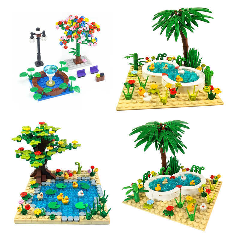 

MOC Bricks Park Pond Swimming pool Fountain cute Duck Plants Trees Flowers Grass DIY Accessories Building Blocks Creator Toys Q0823