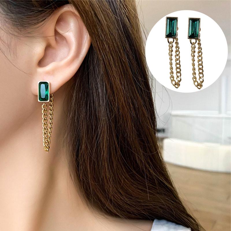 

dangle & chandelier 1 pair vintage classic geometric rectangle green crystal earring chain tassel luxury girls unusual accessories for woman, Silver