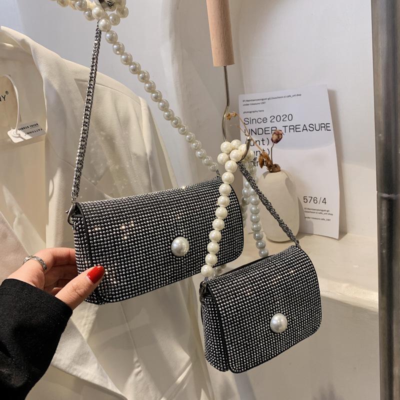 

Evening Bags 2021 Pearl Chain Single Shoulder Diagonal Female Bag Net Red Ladies Shiny Full Diamond Rhinestone Small Korean Casual, Black
