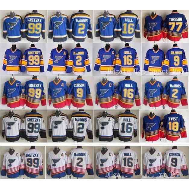 

007 St Louis Blues Jerseys Ice Hockey Vintage 16 Brett Hull 99 Wayne Gretzky 2 AL MacINNIS 9 Shayne Corson 9 Doug Gilmour blue white, Black