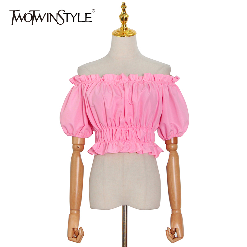 

Casual Solid Shirt For Women Slash Neck Puff Short Sleeve Tunic Elegant Blouses Female Summer Fashion 210524, White