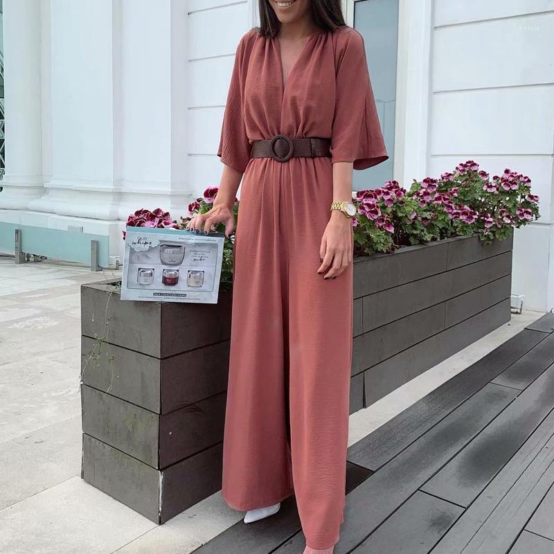 

Women's Jumpsuits & Rompers 2021 Women Solid Casual Summer Beach Jumpsuit Short Sleeve V Neck Sexy Long With Belt, Black;white