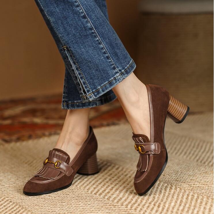 

Hot Sale-Brown Sheepskin Lady Dress Shoes Tassel Fringe Lady Loafers 6cm high heels Fashion Womens Pumps, Black