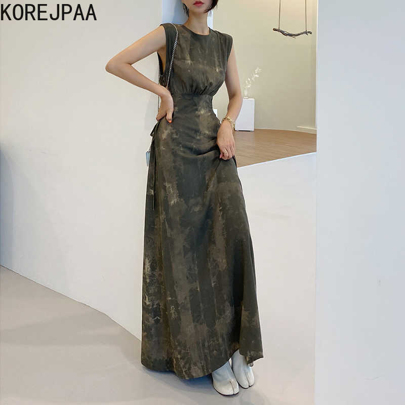 

Korejpaa Women Dress Summer Korean Chic Ladies Elegant Sexy Temperament Round Neck Hollow Show Waist Ink Print Vest Vestido 210526, Photo color