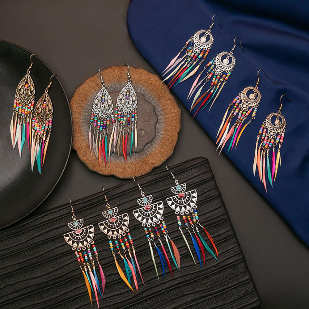 

earrings Hankie jewelry personality exaggeration hollow out Bohemian colorful rice bead feather Tassel Earrings, Golden
