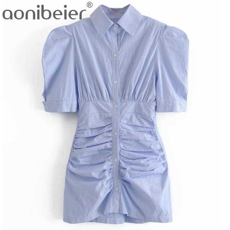 

Women Fashion Striped Pleated Fitted Mini Dress Vintage Puff Sleeves Button-up Female Ruched Dresses Vestidos 210604, Black