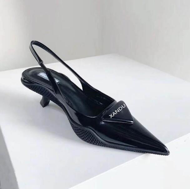 

Dress Shoes Est Spring Autumn Style Slingbacks Women Pumps Mid Heels Pointed Toe Real Leather Triangle Decorate, Beige