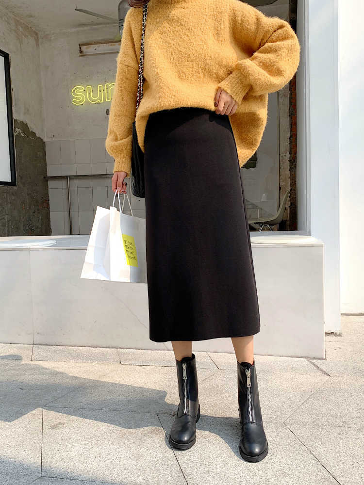 

Women Back Slit Bodycon Elegant Midi Pencil Skirt Autumn Winter Casual Knitted Skirt High Waist Skirts Womens Jupe Femme Faldas 210608, Photo color