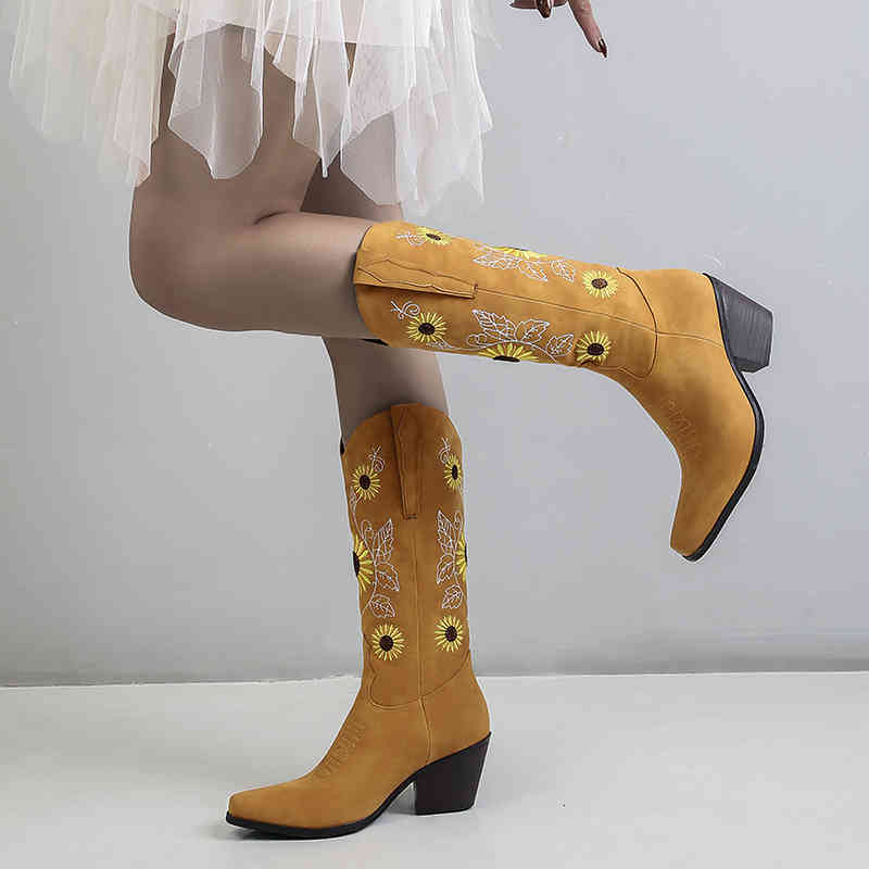 

boots female trade services mid-calf boots european and american retro fall western thick heel knight embroidered 3-color mheh, Black