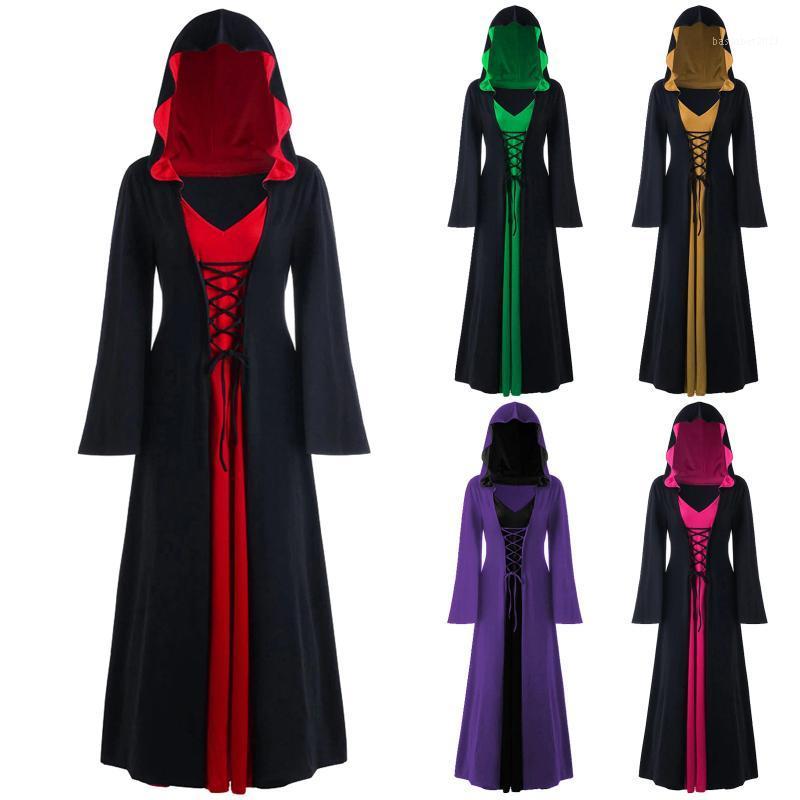 

Casual Dresses Halloween Costume Gothic Dress Hooded Lace Up Cosplay Witch Long Sleeve Stitching Plus Size Disfraz Mujer Carnaval, Agn