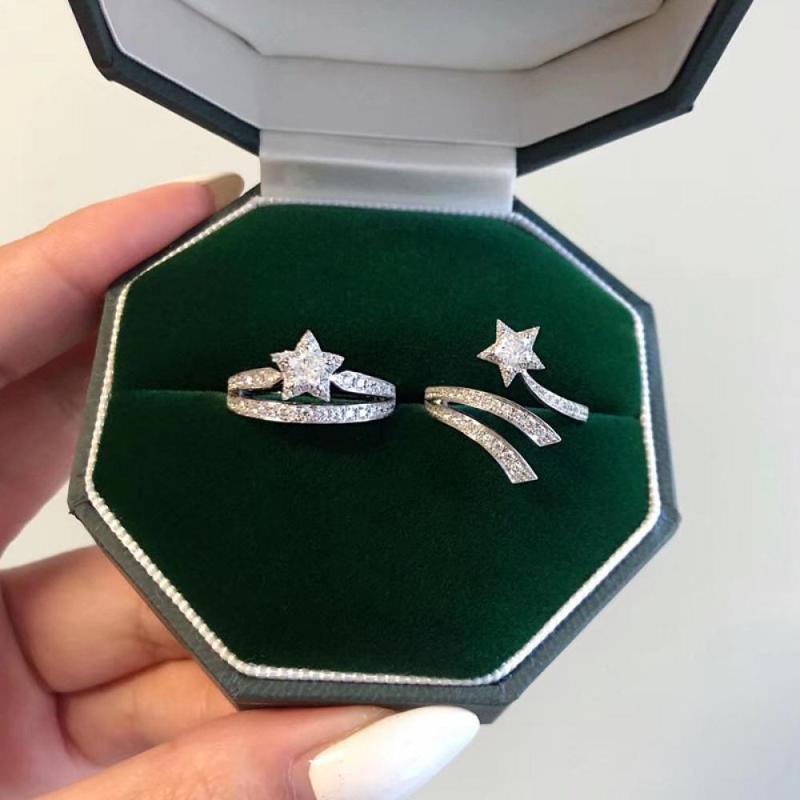 

Cluster Rings Fairy Design Five-Pointed Star Cut Real Zircon Ring Double Winding Sun, Moon And Stars Engagement Diamond, Golden;silver