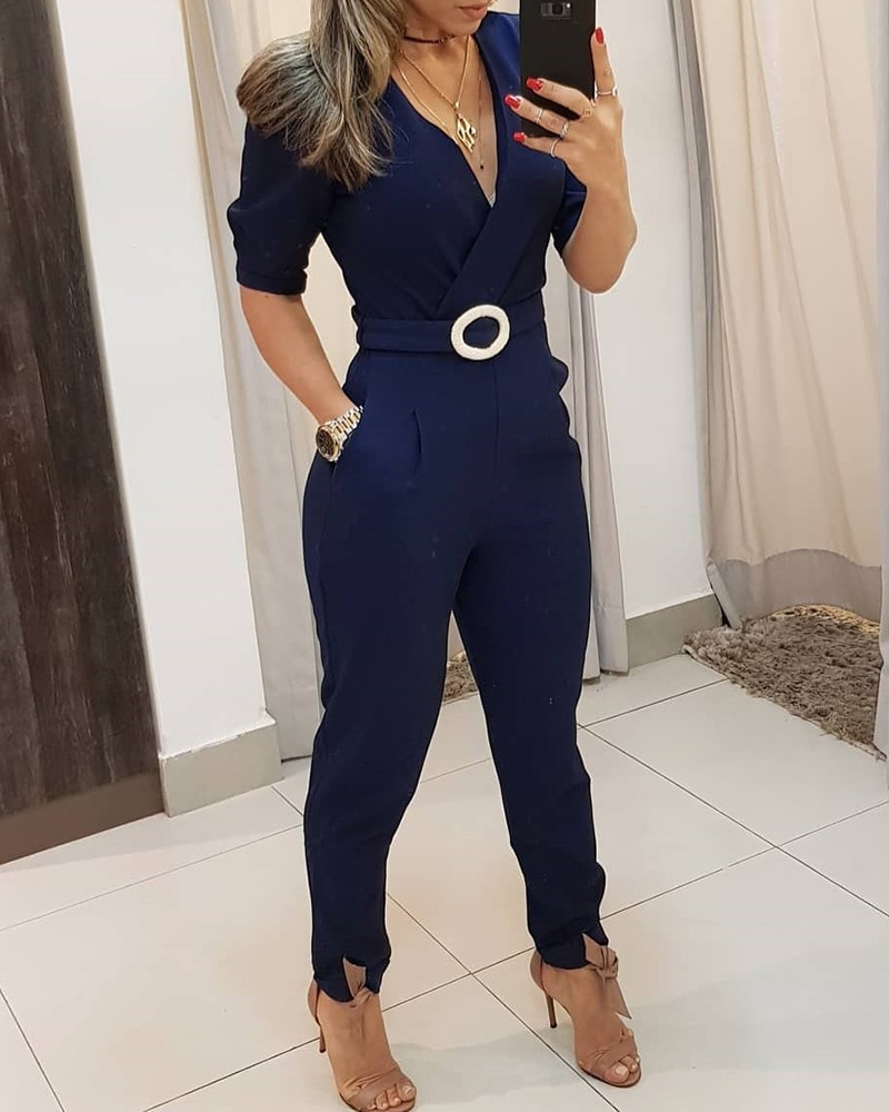 

Office Lady Style Elegant Half Sleeve Jumpsuit Women One Piece Overalls, Blue